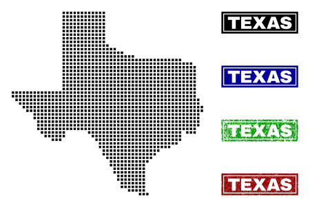 Vector dot abstracted Texas State map and isolated clean black, grunge red, blue, green stamp seals. Texas State map caption inside rough framed rectangles and with grunge rubber texture.のイラスト素材