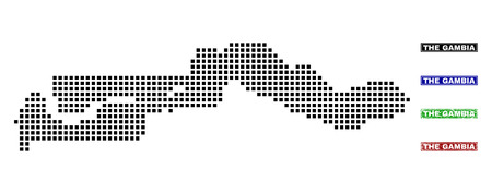 Dot vector abstracted the Gambia map and isolated clean black, grunge red, blue, green stamp seals. The Gambia map title inside draft framed rectangles and with retro rubber texture.のイラスト素材