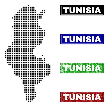 Dot vector abstract Tunisia map and isolated clean black, grunge red, blue, green stamp seals. Tunisia map title inside draft framed rectangles and with grunge rubber texture.のイラスト素材