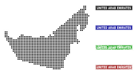 Dot vector abstracted United Arab Emirates map and isolated clean black, grunge red, blue, green stamp seals.のイラスト素材