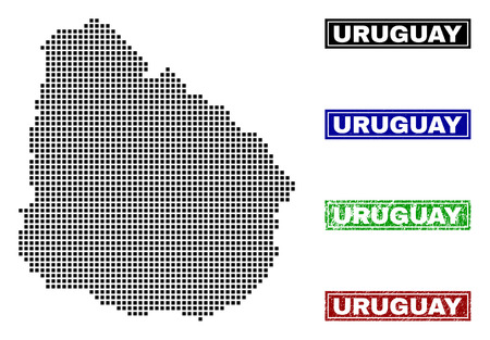 Dot vector abstract Uruguay map and isolated clean black, grunge red, blue, green stamp seals. Uruguay map name inside rough framed rectangles and with grunge rubber texture.のイラスト素材