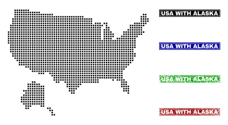 Dot vector abstracted USA with Alaska map and isolated clean black, grunge red, blue, green stamp seals. USA with Alaska map label inside rough framed rectangles and with grunge rubber texture.のイラスト素材