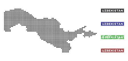 Dot vector abstracted Uzbekistan map and isolated clean black, grunge red, blue, green stamp seals. Uzbekistan map tag inside rough framed rectangles and with grunge rubber texture.のイラスト素材