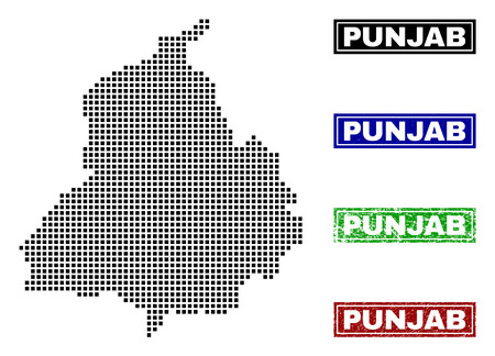 Dot vector abstract Punjab Province map and isolated clean black, grunge red, blue, green stamp seals. Punjab Province map title inside rough framed rectangles and with grunge rubber texture.のイラスト素材