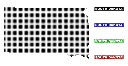 Dot vector abstract South Dakota State map and isolated clean black, grunge red, blue, green stamp seals. South Dakota State map tag inside rough framed rectangles and with grunge rubber texture.のイラスト素材