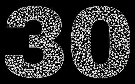 Mesh 30 polygonal text isolated on a black background. 30 caption of wire frame build with lines and...