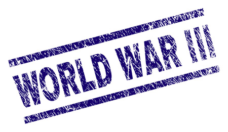 WORLD WAR III seal print with scratced style. Blue vector rubber print of WORLD WAR III caption with dirty texture. Text caption is placed between parallel lines.のイラスト素材