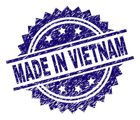 MADE IN VIETNAM stamp seal watermark with distress style. Blue vector rubber print of MADE IN VIETNAM caption with dirty texture.のイラスト素材