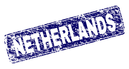 NETHERLANDS stamp seal print with distress style. Seal shape is a rounded rectangle with frame. Blue vector rubber print of NETHERLANDS title with corroded style.のイラスト素材