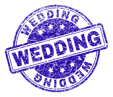 WEDDING stamp seal imprint with distress texture. Designed with rounded rectangles and circles. Blue vector rubber print of WEDDING caption with corroded texture.のイラスト素材