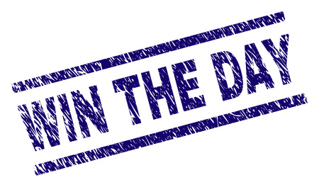 WIN THE DAY seal print with distress style. Blue vector rubber print of WIN THE DAY label with unclean texture. Text label is placed between parallel lines.のイラスト素材