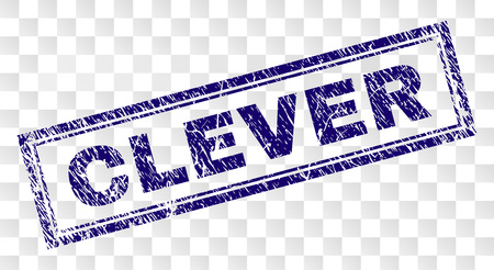CLEVER stamp seal print with grainy style and double framed rectangle shape. Stamp is placed on a transparent background. Blue vector rubber print of CLEVER text with retro texture.のイラスト素材