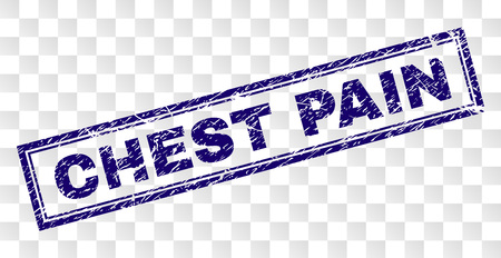 CHEST PAIN stamp seal print with rubber print style and double framed rectangle shape. Stamp is placed on a transparent background. Blue vector rubber print of CHEST PAIN caption with grunge texture.のイラスト素材