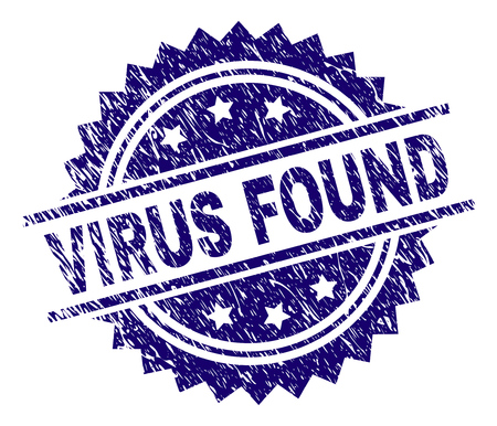 VIRUS FOUND stamp seal watermark with distress style. Blue vector rubber print of VIRUS FOUND title with corroded texture.のイラスト素材