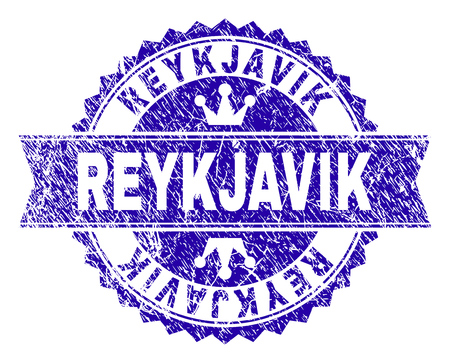 REYKJAVIK rosette stamp seal imprint with distress texture. Designed with round rosette, ribbon and small crowns. Blue vector rubber watermark of REYKJAVIK title with retro texture.のイラスト素材