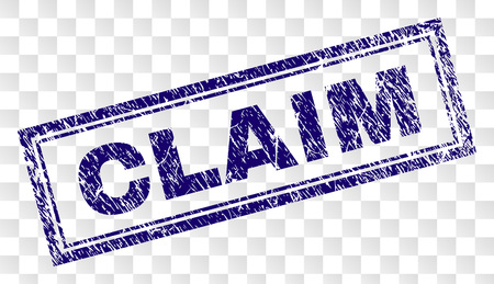 CLAIM stamp seal print with rubber print style and double framed rectangle shape. Stamp is placed on a transparent background. Blue vector rubber print of CLAIM label with scratched texture.のイラスト素材