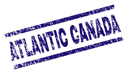 ATLANTIC CANADA seal print with scratced style. Blue vector rubber print of ATLANTIC CANADA text with unclean texture. Text label is placed between parallel lines.のイラスト素材