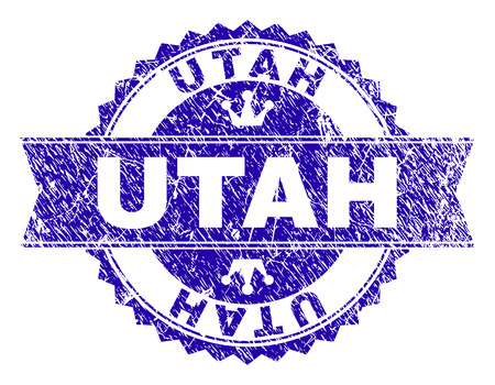 UTAH rosette stamp seal imprint with grunge texture. Designed with round rosette, ribbon and small crowns. Blue vector rubber watermark of UTAH title with grunge texture.のイラスト素材