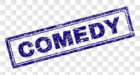 COMEDY stamp seal print with rubber print style and double framed rectangle shape. Stamp is placed on a transparent background. Blue vector rubber print of COMEDY label with corroded texture.のイラスト素材