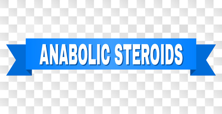 ANABOLIC STEROIDS text on a ribbon. Designed with white caption and blue tape. Vector banner with ANABOLIC STEROIDS tag on a transparent background.のイラスト素材