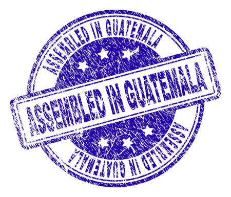 ASSEMBLED IN GUATEMALA stamp seal watermark with grunge effect. Designed with rounded rectangles and circles. Blue vector rubber print of ASSEMBLED IN GUATEMALA caption with grunge texture.のイラスト素材