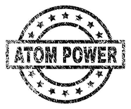 ATOM POWER stamp seal watermark with distress style. Designed with rectangle, circles and stars. Black vector rubber print of ATOM POWER label with grunge texture.のイラスト素材