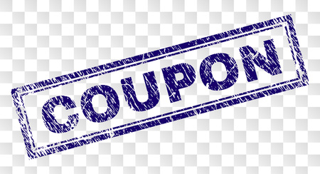 COUPON stamp seal imprint with rubber print style and double framed rectangle shape. Stamp is placed on a transparent background. Blue vector rubber print of COUPON title with grunge texture.のイラスト素材