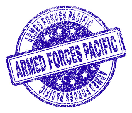 ARMED FORCES PACIFIC stamp seal imprint with distress texture. Designed with rounded rectangles and circles. Blue vector rubber print of ARMED FORCES PACIFIC label with scratched texture.のイラスト素材