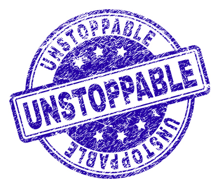 UNSTOPPABLE stamp seal imprint with grunge texture. Designed with rounded rectangles and circles. Blue vector rubber print of UNSTOPPABLE tag with retro texture.のイラスト素材