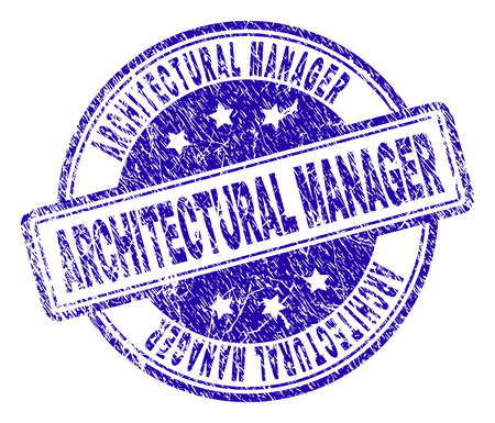 ARCHITECTURAL MANAGER stamp seal watermark with distress texture. Designed with rounded rectangles and circles. Blue vector rubber print of ARCHITECTURAL MANAGER tag with corroded texture.のイラスト素材