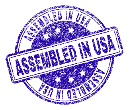 ASSEMBLED IN USA stamp seal watermark with grunge texture. Designed with rounded rectangles and circles. Blue vector rubber print of ASSEMBLED IN USA text with grunge texture.のイラスト素材