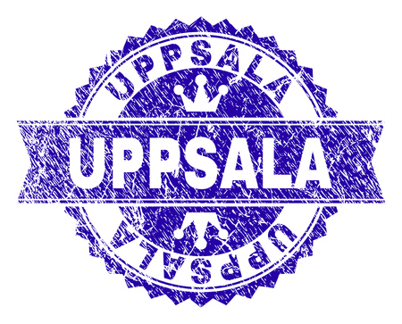 UPPSALA rosette stamp seal watermark with grunge style. Designed with round rosette, ribbon and small crowns. Blue vector rubber watermark of UPPSALA text with grunge texture.のイラスト素材