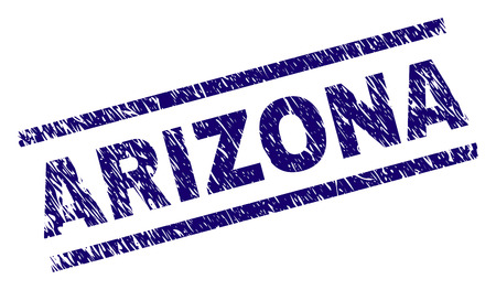 ARIZONA seal print with scratced style. Blue vector rubber print of ARIZONA title with scratched texture. Text tag is placed between parallel lines.のイラスト素材