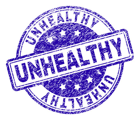 UNHEALTHY stamp seal imprint with grunge effect. Designed with rounded rectangles and circles. Blue vector rubber print of UNHEALTHY caption with grunge texture.のイラスト素材