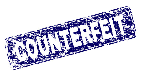 COUNTERFEIT stamp seal print with distress texture. Seal shape is a rounded rectangle with frame. Blue vector rubber print of COUNTERFEIT title with scratched texture.のイラスト素材