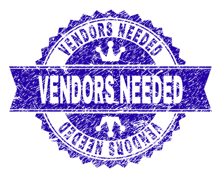 VENDORS NEEDED rosette stamp seal imitation with grunge texture. Designed with round rosette, ribbon and small crowns. Blue vector rubber watermark of VENDORS NEEDED caption with retro texture.のイラスト素材