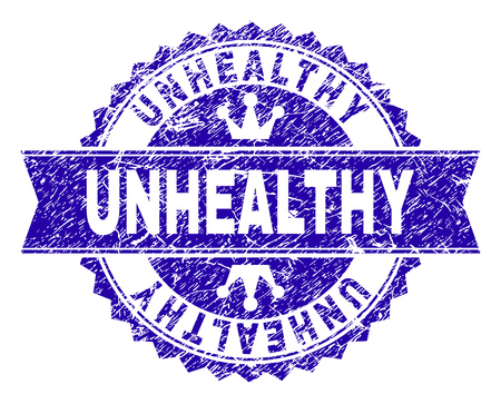 UNHEALTHY rosette stamp seal watermark with distress style. Designed with round rosette, ribbon and small crowns. Blue vector rubber watermark of UNHEALTHY tag with dirty style.のイラスト素材