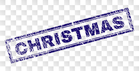 CHRISTMAS stamp seal print with rubber print style and double framed rectangle shape. Stamp is placed on a transparent background. Blue vector rubber print of CHRISTMAS text with grunge texture.のイラスト素材