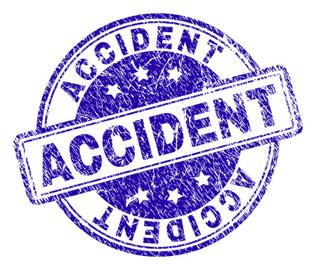 ACCIDENT stamp seal imprint with distress texture. Designed with rounded rectangles and circles. Blue vector rubber print of ACCIDENT title with scratched texture.のイラスト素材