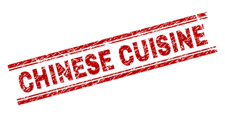 CHINESE CUISINE seal print with grunge style. Red vector rubber print of CHINESE CUISINE tag with grunge texture. Text tag is placed between double parallel lines.のイラスト素材