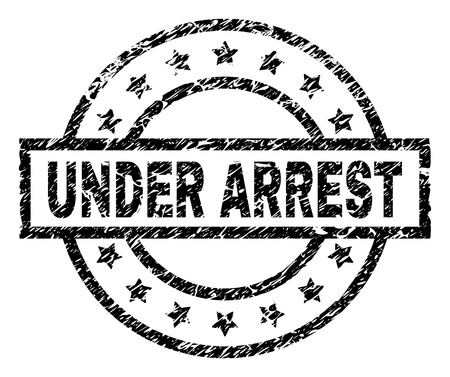 UNDER ARREST stamp seal watermark with distress style. Designed with rectangle, circles and stars. Black vector rubber print of UNDER ARREST caption with retro texture.のイラスト素材
