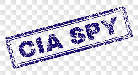 CIA SPY stamp seal print with scratched style and double framed rectangle shape. Stamp is placed on a transparent background. Blue vector rubber print of CIA SPY label with corroded texture.のイラスト素材