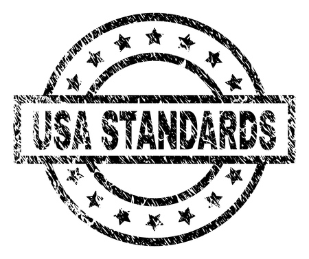 USA STANDARDS stamp seal watermark with distress style. Designed with rectangle, circles and stars. Black vector rubber print of USA STANDARDS text with scratched texture.のイラスト素材