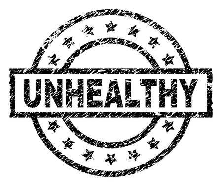 UNHEALTHY stamp seal watermark with distress style. Designed with rectangle, circles and stars. Black vector rubber print of UNHEALTHY label with dust texture.のイラスト素材