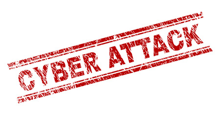 CYBER ATTACK seal watermark with distress texture. Red vector rubber print of CYBER ATTACK text with dirty texture. Text caption is placed between double parallel lines.のイラスト素材