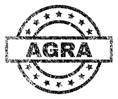 AGRA stamp seal watermark with distress style. Designed with rectangle, circles and stars. Black vector rubber print of AGRA caption with grunge texture.のイラスト素材