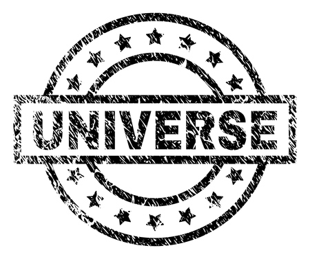 UNIVERSE stamp seal watermark with distress style. Designed with rectangle, circles and stars. Black vector rubber print of UNIVERSE caption with corroded texture.のイラスト素材