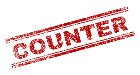 COUNTER seal print with distress texture. Red vector rubber print of COUNTER label with scratched texture. Text label is placed between double parallel lines.のイラスト素材