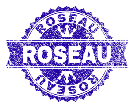 ROSEAU rosette stamp overlay with distress texture. Designed with round rosette, ribbon and small crowns. Blue vector rubber watermark of ROSEAU caption with dust style.のイラスト素材