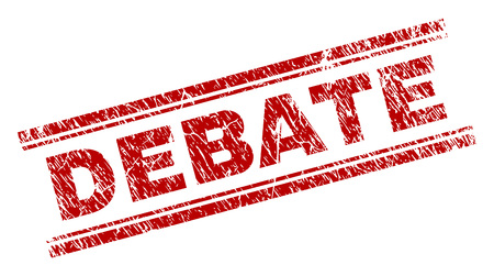 DEBATE seal print with grunge effect. Red vector rubber print of DEBATE title with scratched texture. Text title is placed between double parallel lines.のイラスト素材